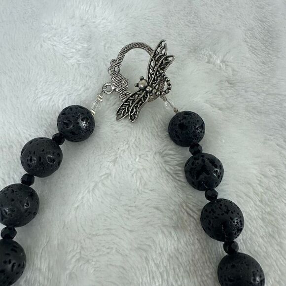 Artisan Lava Stone Beaded Necklace With Silver Tone Rosette Pendant Statement - Picture 3 of 4